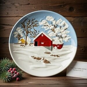Vintage Byron Molds 3D Ceramic Wall Plate Snow Red Barn Handpainted 13.5" EXC